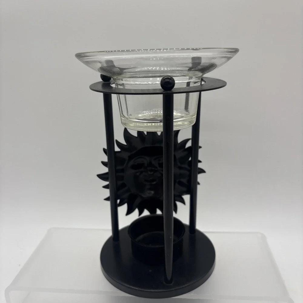 Vintage Celestial Sun Candle Holder & Oil Warmer Metal Bronze Finish Glass Top